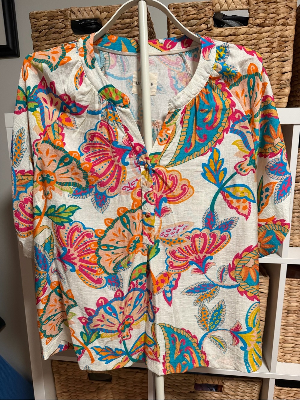 Umgee Colorful Floral Button-Front Women’s Top - White with Pink, Orange & Blue